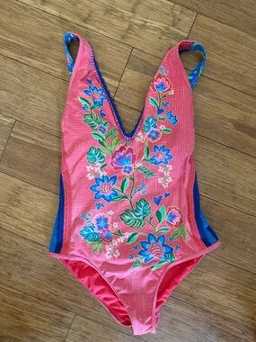 Johnny Was Pink Floral Embroidered One-Piece Swimsuit